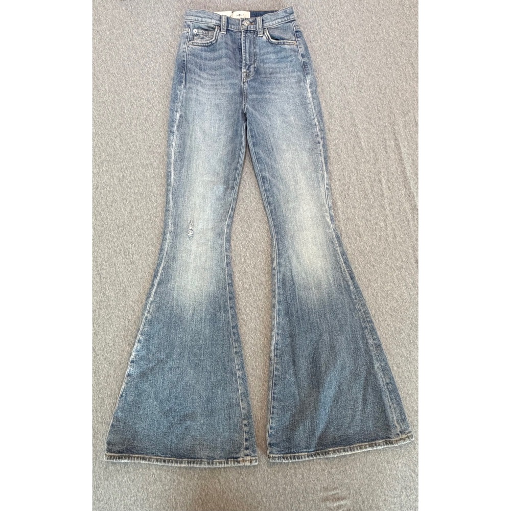 7 For All Mankind Megaflare High Waisted Flare Jeans Blue Distressed Size 23